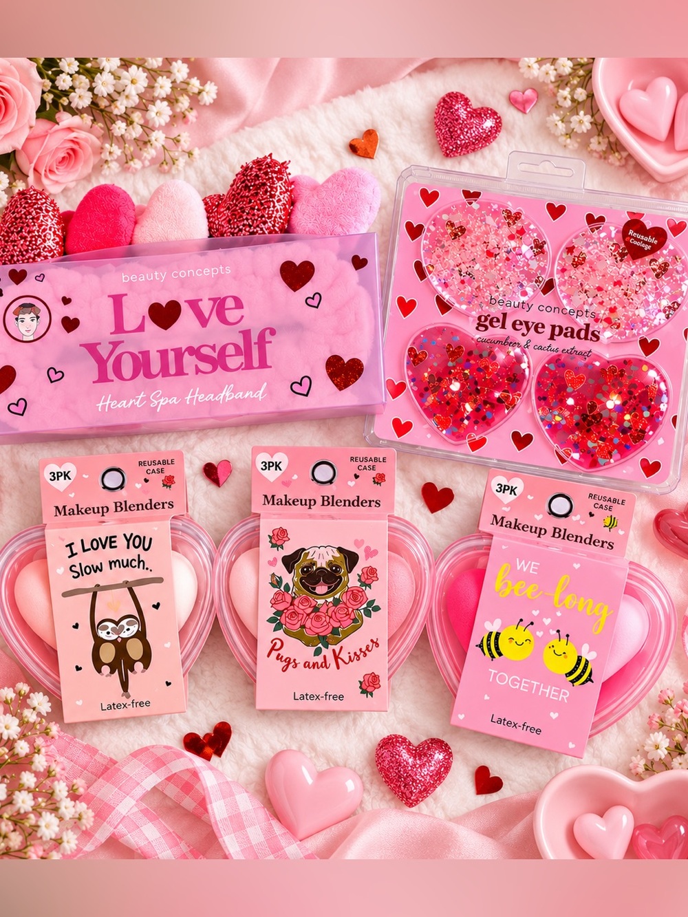 Beauty Concepts Valentine Self Care Set Makeup Sponges Spa Headband Eye Masks